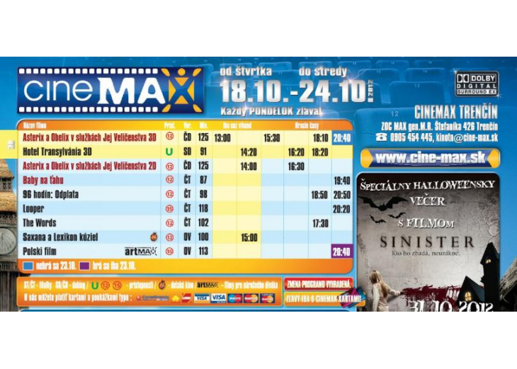 Aktuálny program Cinemax-u, Obchodné a nákupné centrum MAX Trenčín