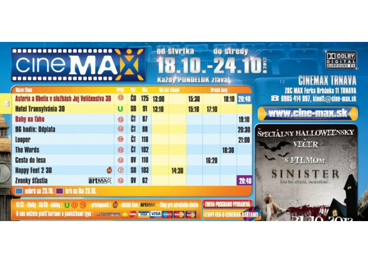 Aktuálny program Cinemax-u, Obchodné a nákupné centrum MAX Trnava