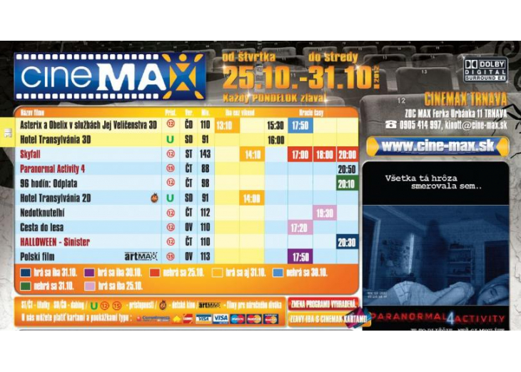 Aktuálny program Cinemax-u, Obchodné a nákupné centrum MAX Trnava