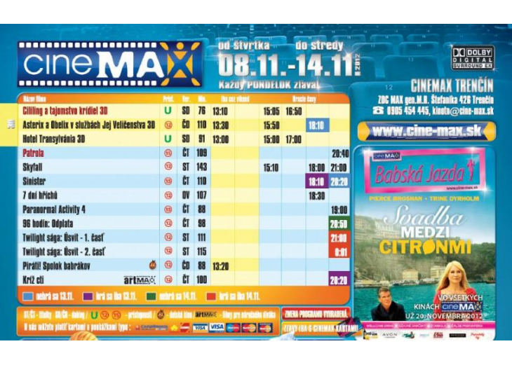 Aktuálny program Cinemax-u, Obchodné a nákupné centrum MAX Trenčín