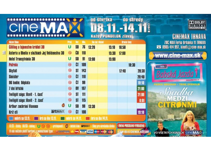 Aktuálny program Cinemax-u, Obchodné a nákupné centrum MAX Trnava