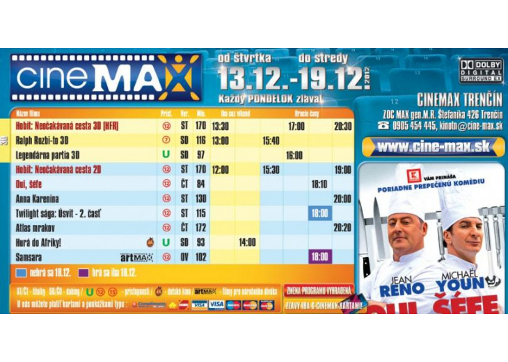 Aktuálny program Cinemax-u, Obchodné a nákupné centrum MAX Trenčín