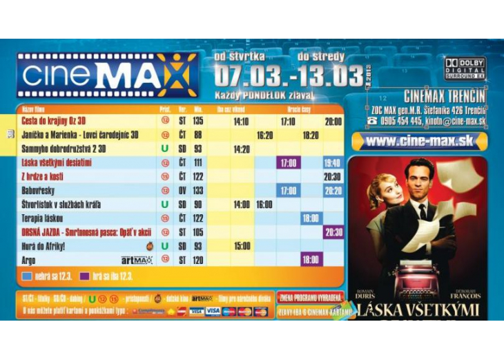 Aktuálny program CINEMAX-u, Obchodné a nákupné centrum MAX Trenčín